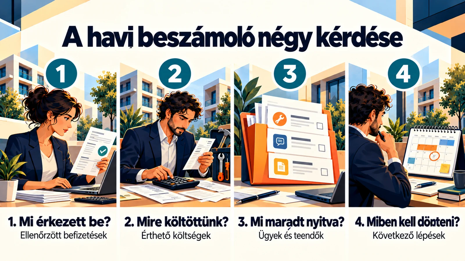 A cikk fő lépéseit összefoglaló magyar infografika: Mitől használható egy tulajdonosi havi beszámoló?