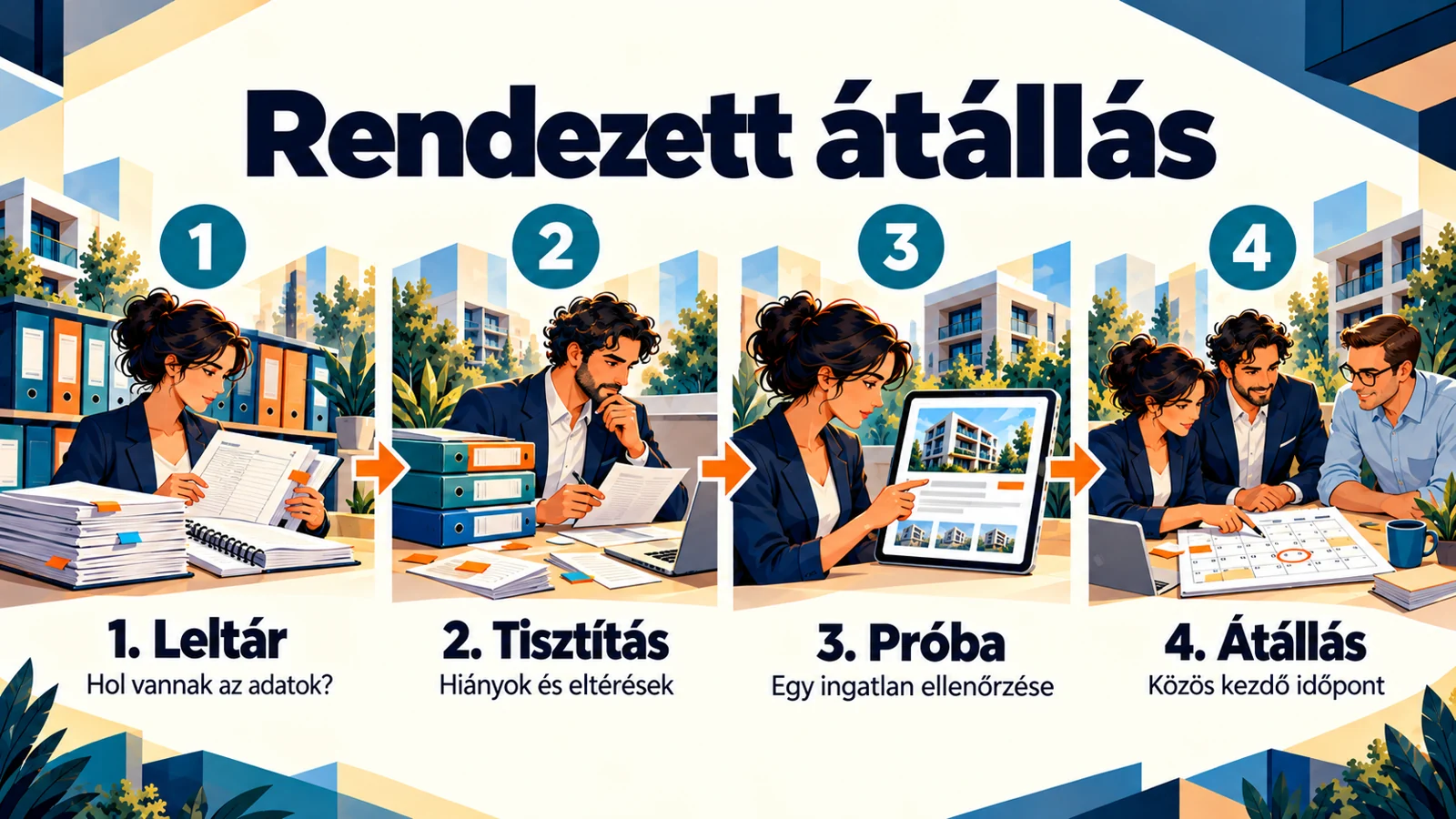A cikk fő lépéseit összefoglaló magyar infografika: Excelből rendezett ingatlannyilvántartás: hogyan állj át működés közben?