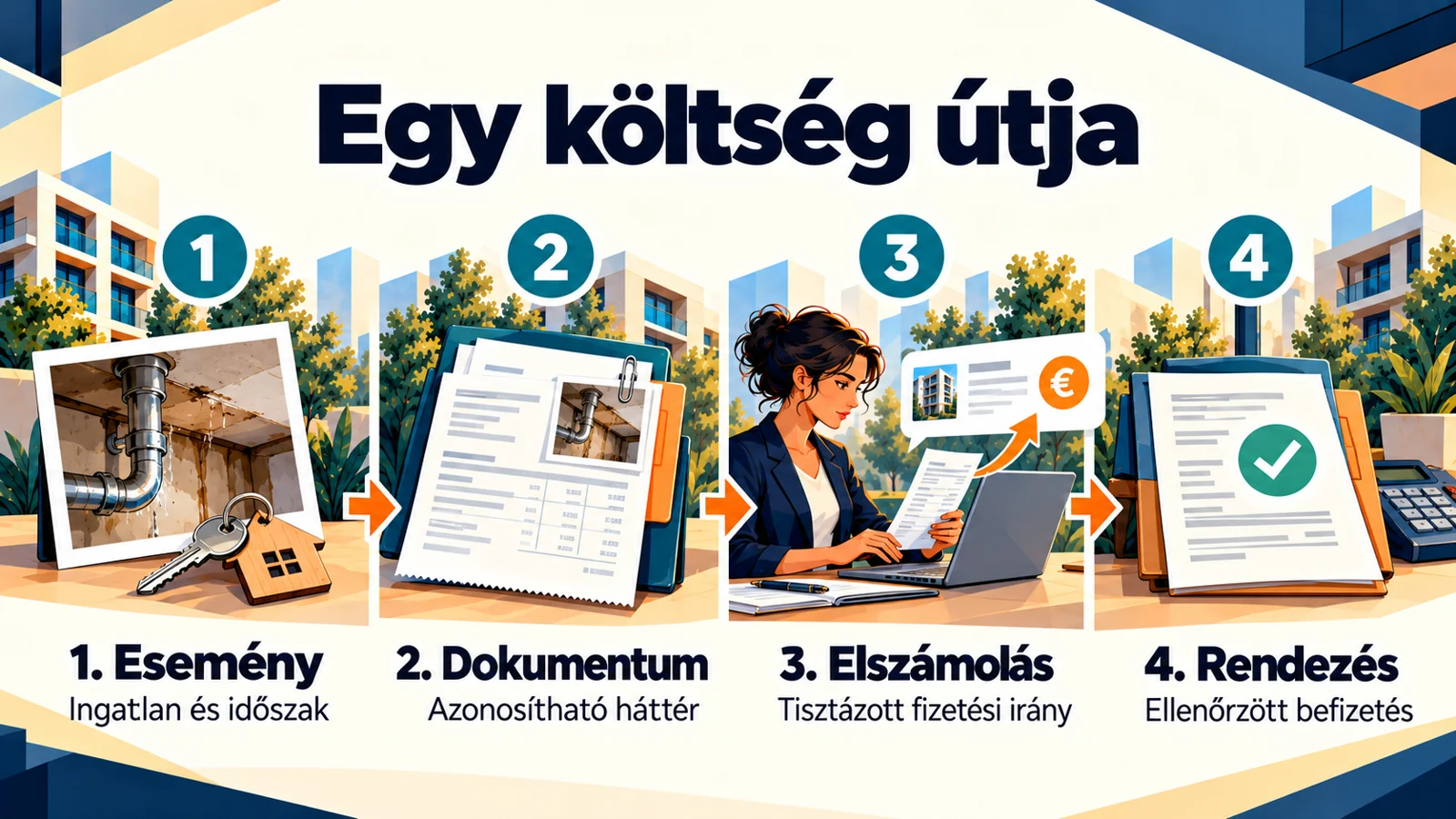 A cikk fő lépéseit összefoglaló magyar infografika: Ki fizeti, kinek fizeti, mikor fizeti? Így lesz követhető egy ingatlan költsége