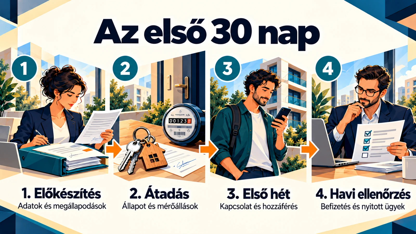 A cikk fő lépéseit összefoglaló magyar infografika: Az első 30 nap: hogyan alapozd meg a rendezett bérleti kapcsolatot?