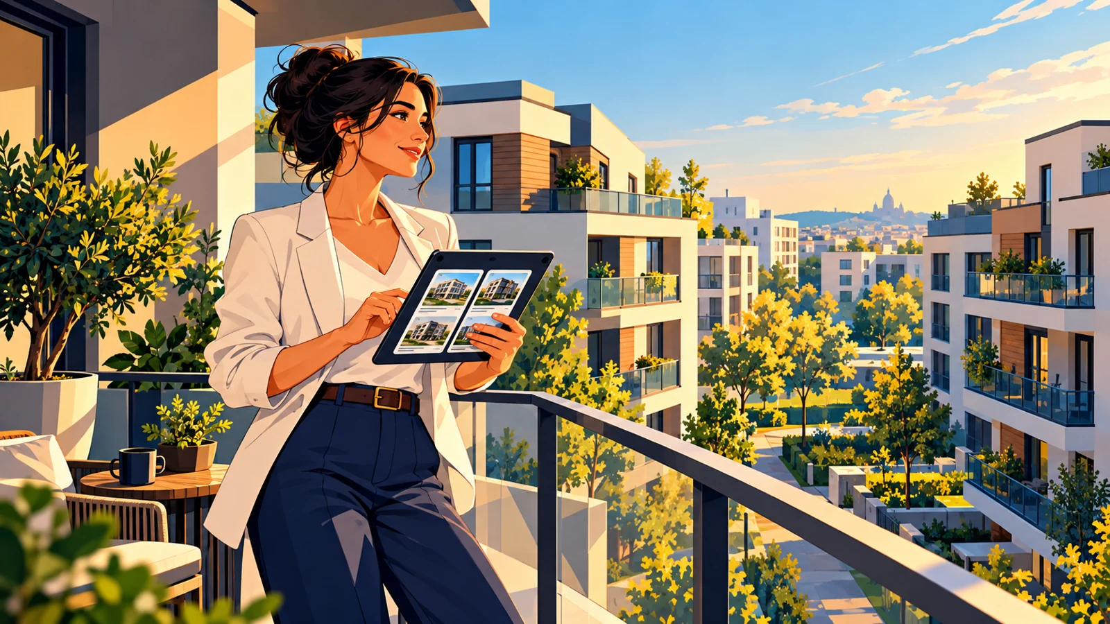 Property manager with a tablet on a balcony overlooking residential buildings.