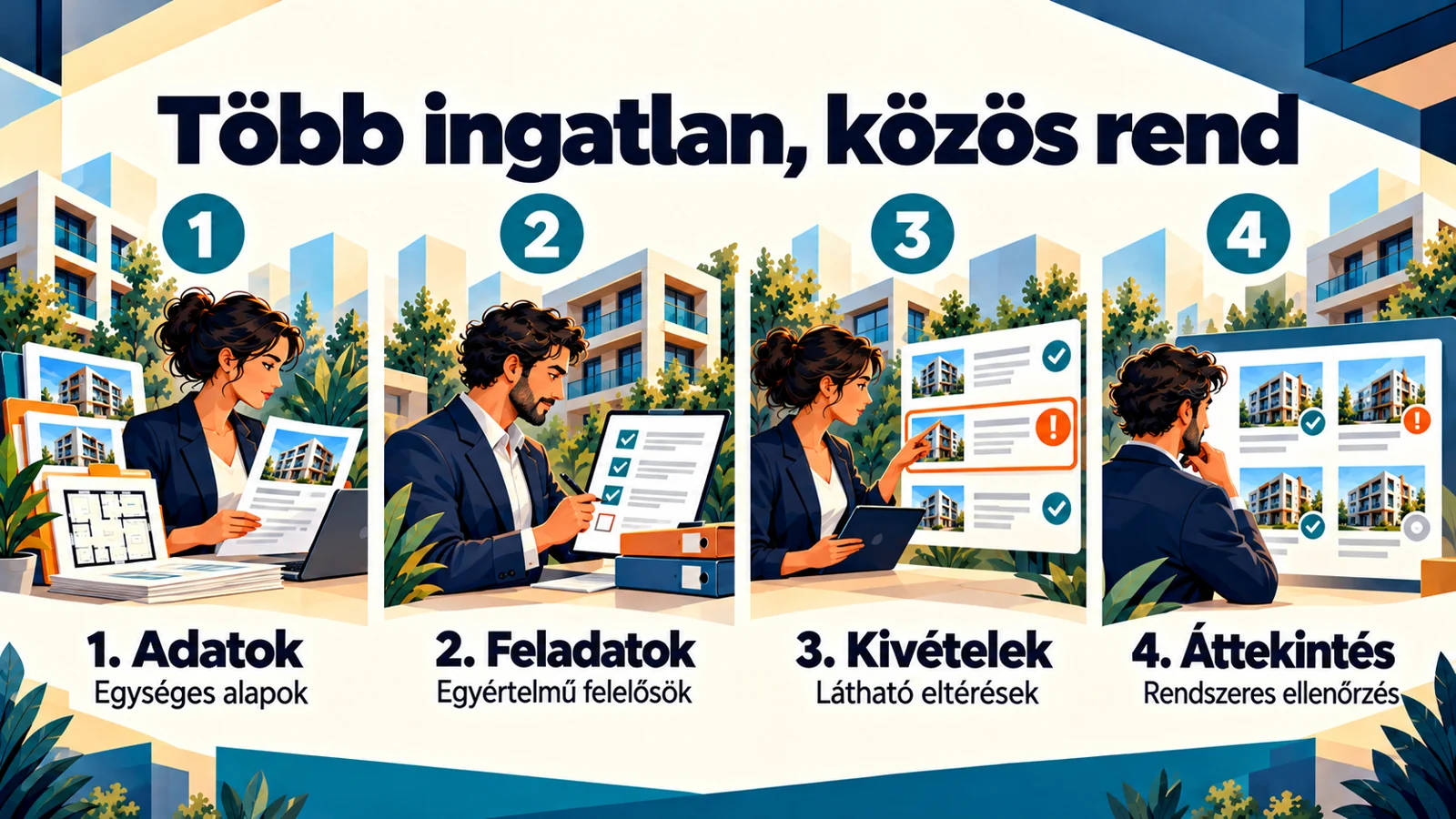 A cikk fő lépéseit összefoglaló magyar infografika: Egy lakástól tízig: mely folyamatokat érdemes egységesíteni?