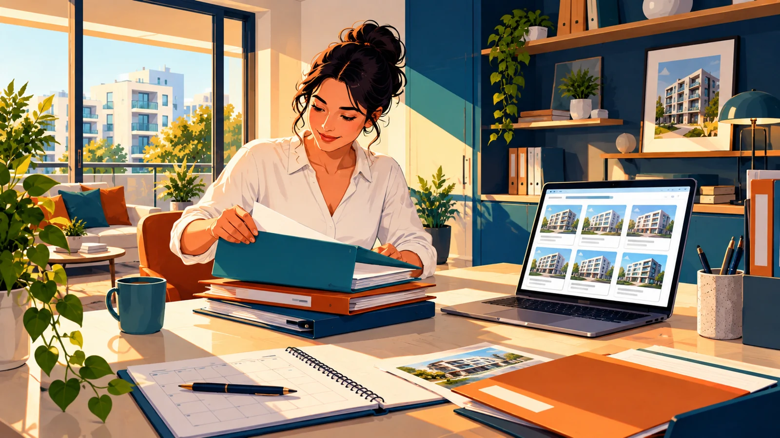 Manager organising paper and digital property records.
