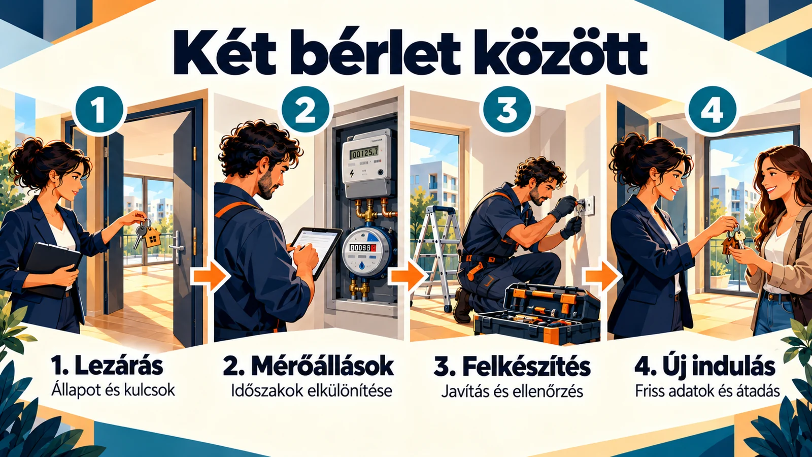 A cikk fő lépéseit összefoglaló magyar infografika: Bérlőváltás átláthatóan: a kiköltözéstől az új beköltözésig