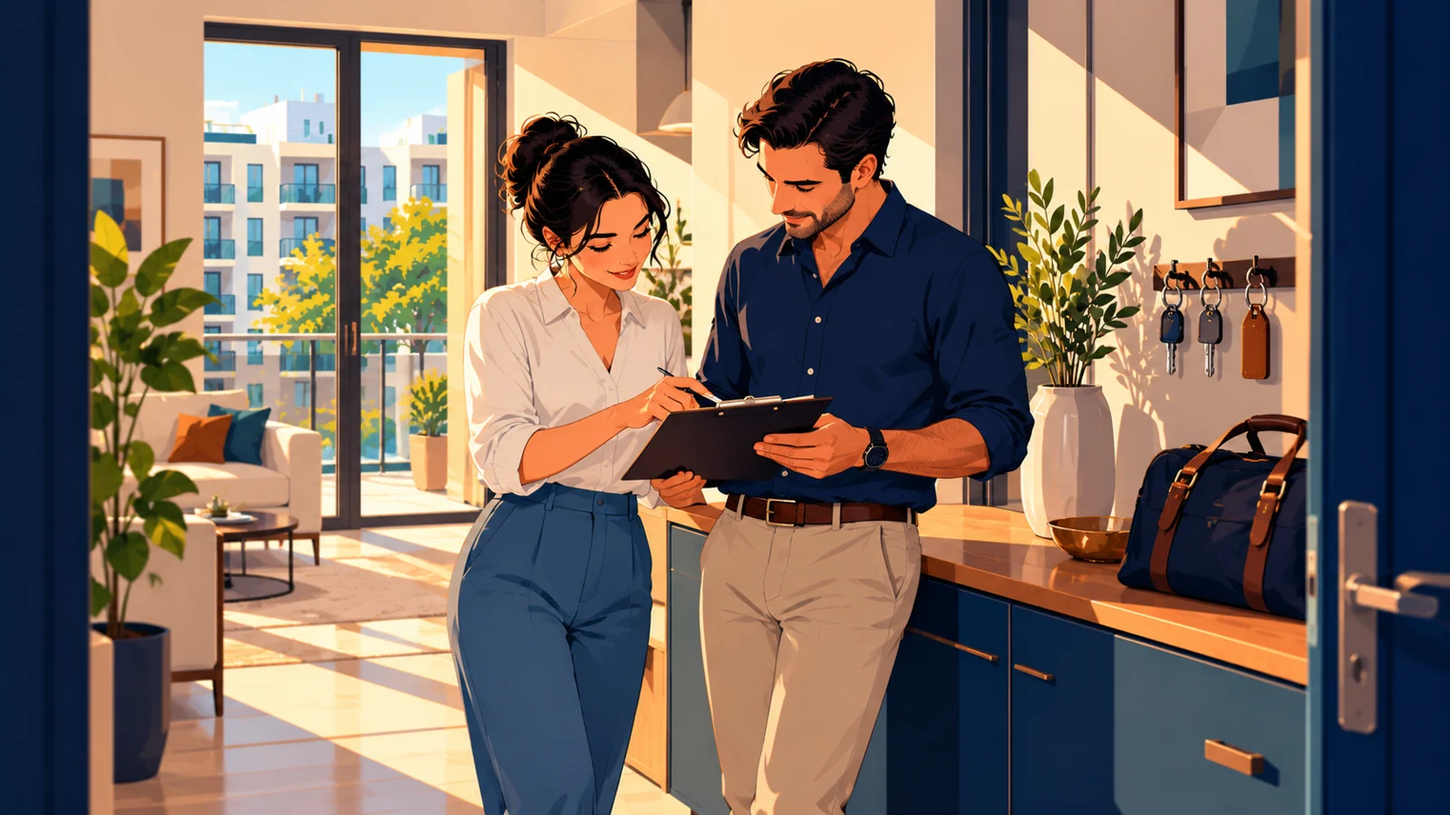 Two property managers handing over work using a shared checklist.