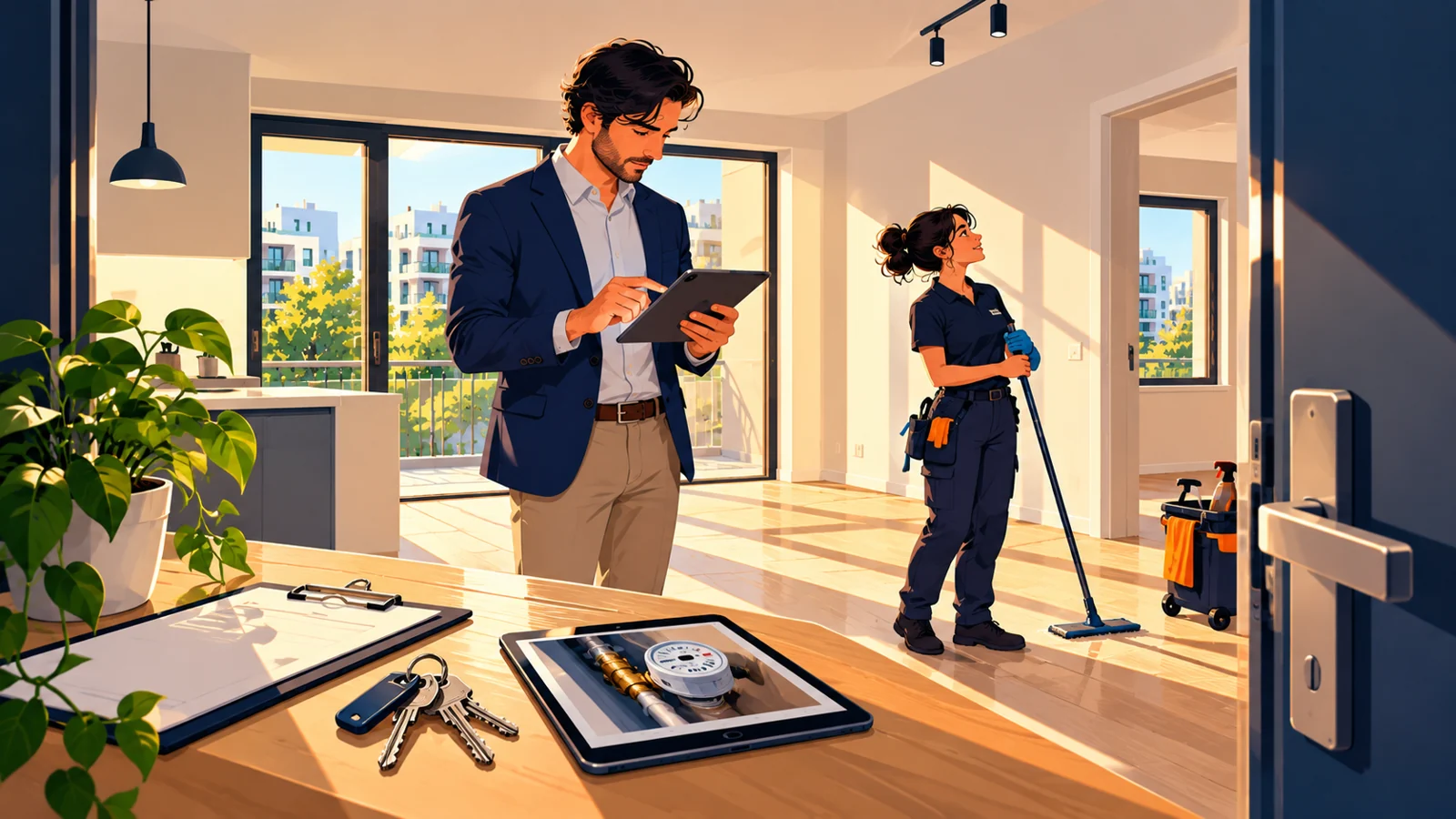 Property manager and cleaner preparing an apartment for the next tenant.