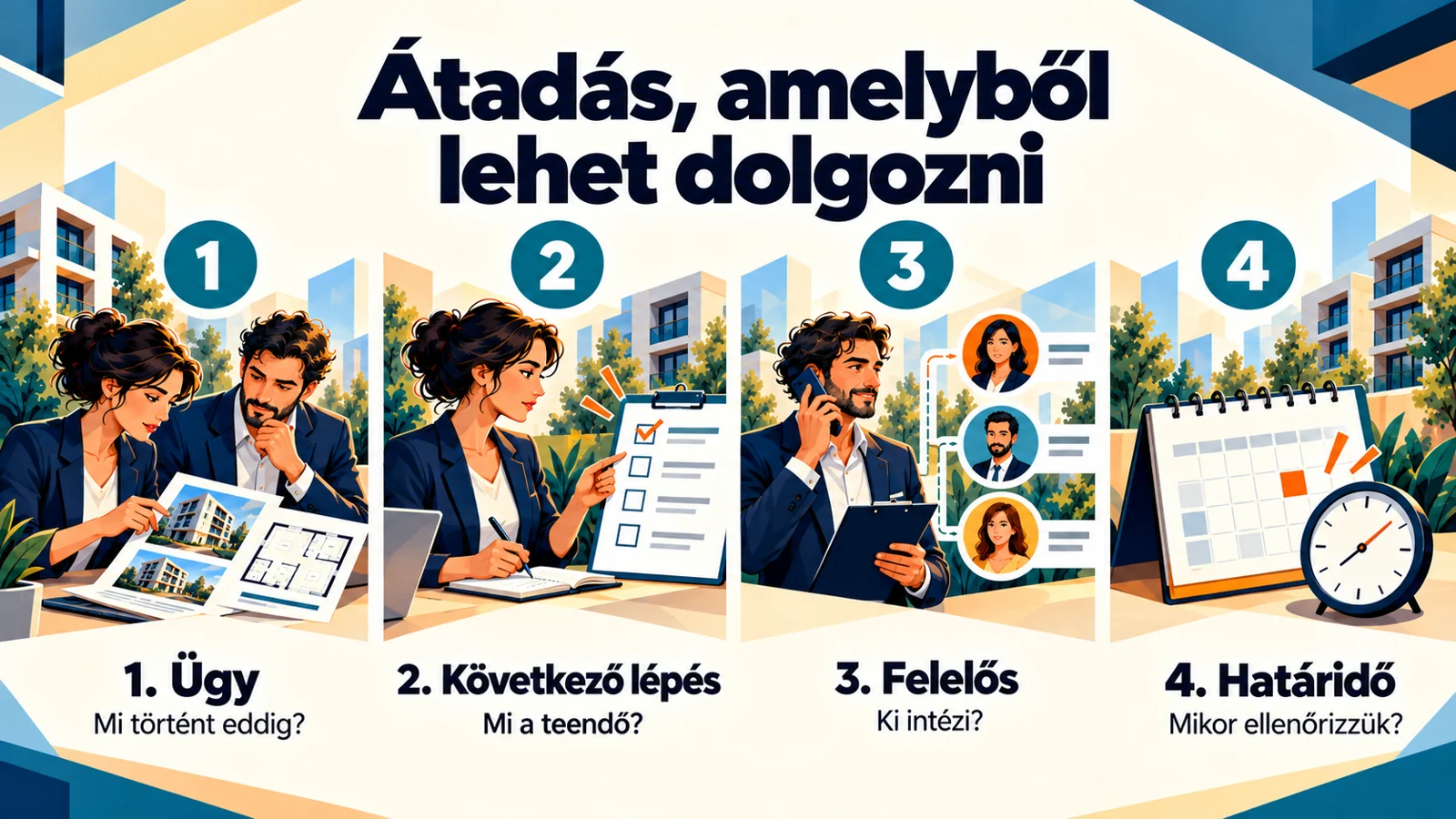 A cikk fő lépéseit összefoglaló magyar infografika: Szabadságra mész? Így add át az ingatlanok kezelését egy munkatársnak