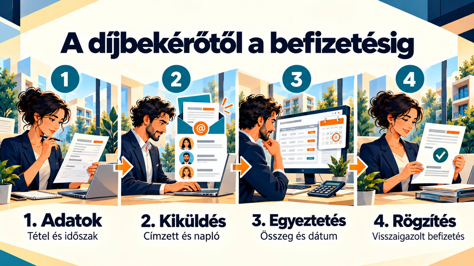 A cikk fő lépéseit összefoglaló magyar infografika: A kiküldött díjbekérőtől a visszaigazolt befizetésig: hol szakadhat meg a folyamat?