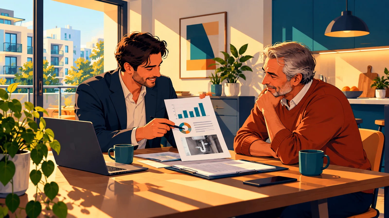 Property manager reviewing a monthly report with the owner.